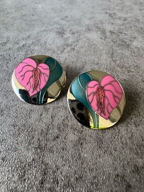 Vintage Laurel Burch “Anterium” Floral Enamel Button Earrings